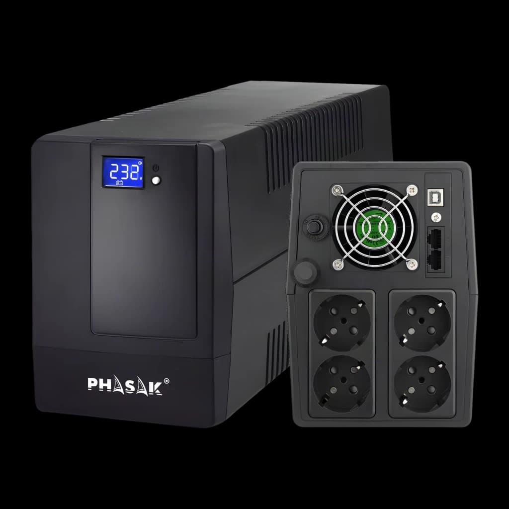 SAI Phasak Essential Interativo 2000 VA 1200W Preto PH 9420, detalhe: frente com ecrã LCD e painel traseiro com ventoinha, 4