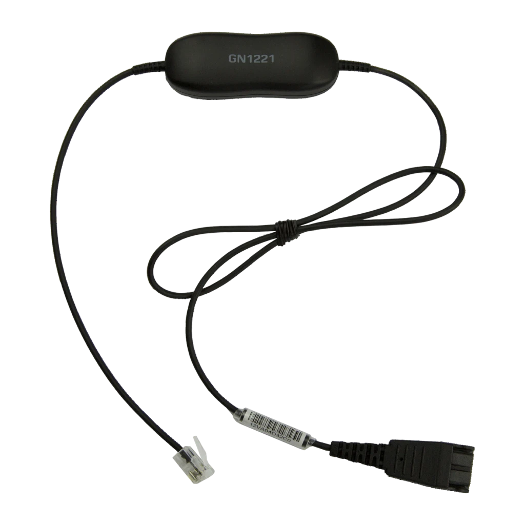 Cable auricular Jabra GN1221 Sound Limiter QD a RJ-9 0,8m Negro, vista frontal: módulo limitador con logo GN1221, conector