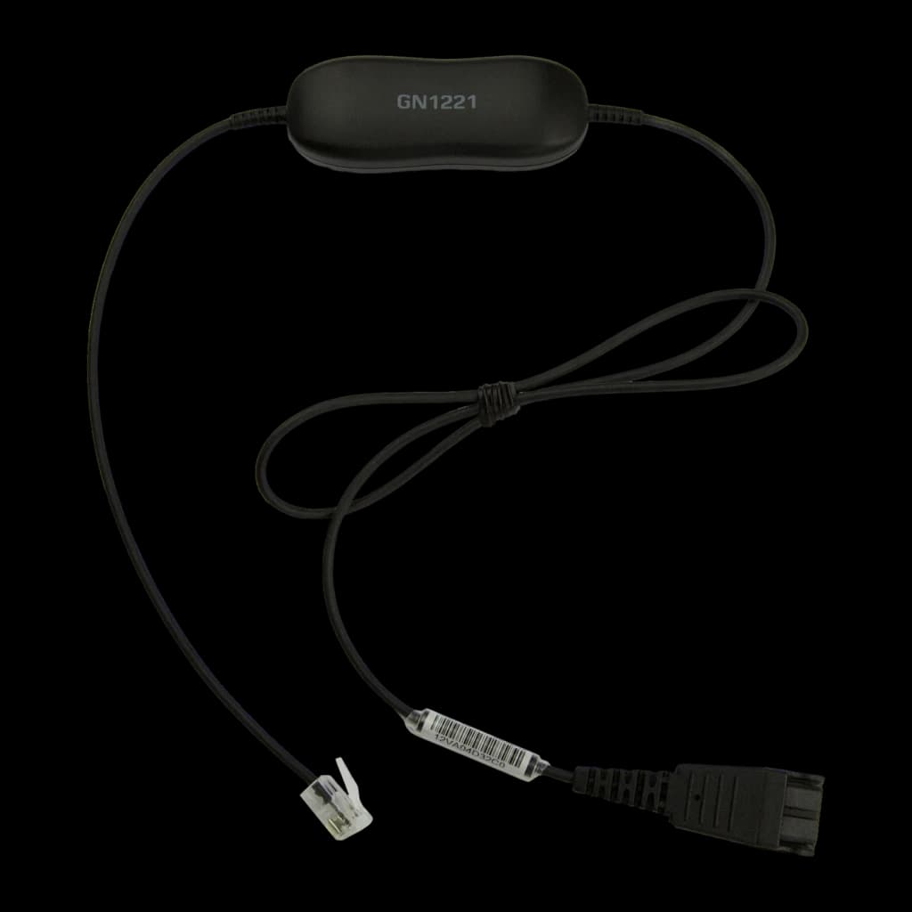 Cable auricular Jabra GN1221 Sound Limiter QD a RJ-9 0,8m Negro, vista frontal: módulo limitador con logo GN1221, conector