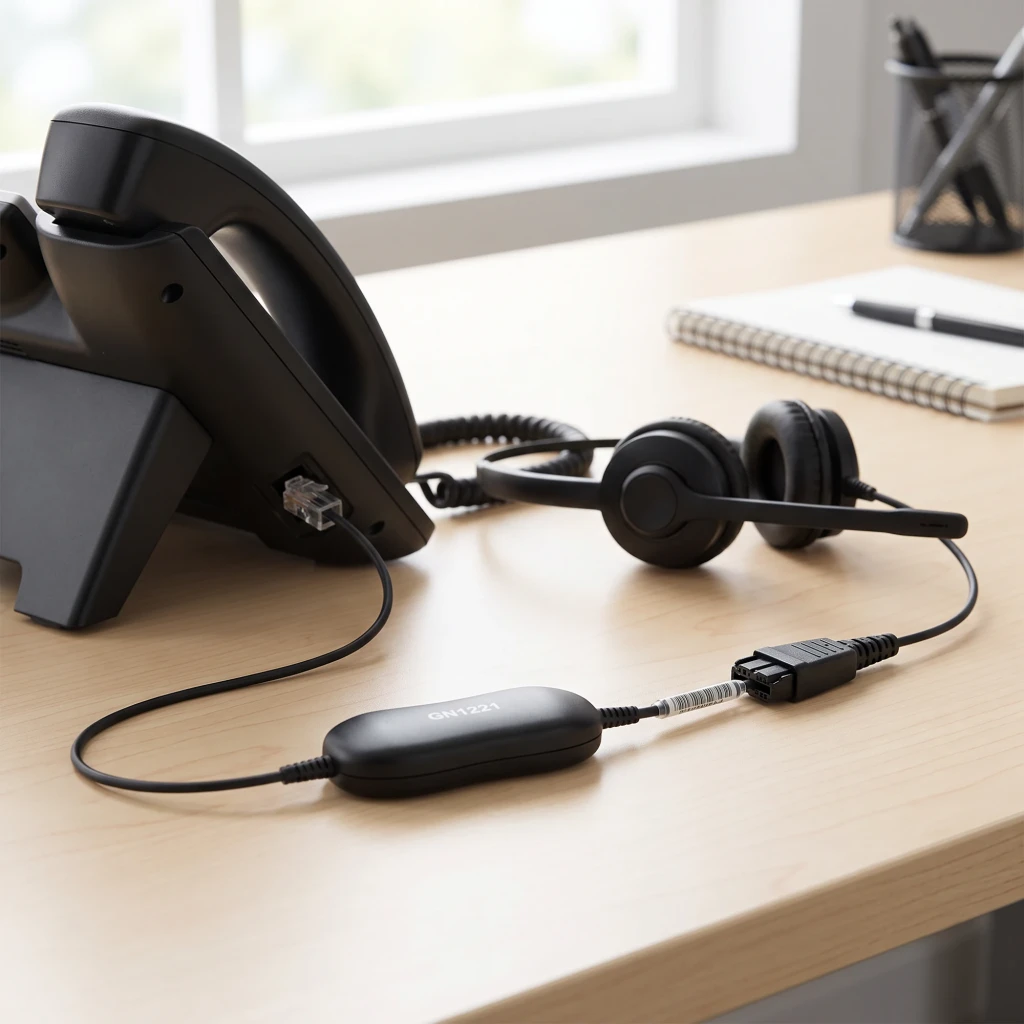 Cable auricular Jabra GN1221 Sound Limiter QD a RJ-9 0,8m Negro, en uso: módulo limitador negro sobre escritorio conectado