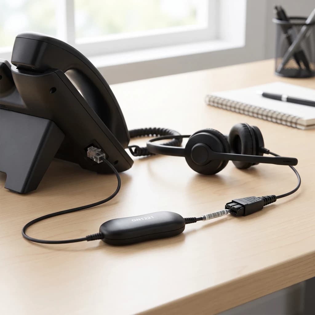 Cable auricular Jabra GN1221 Sound Limiter QD a RJ-9 0,8m Negro, en uso: módulo limitador negro sobre escritorio conectado