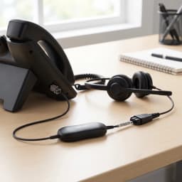 Cable auricular Jabra GN1221 Sound Limiter QD a RJ-9 0,8m Negro, en uso: módulo limitador negro sobre escritorio conectado