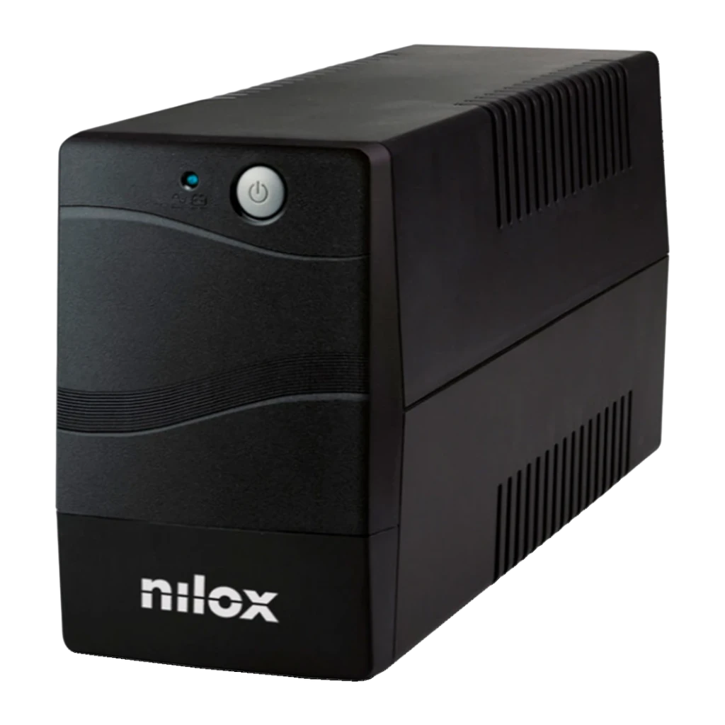 UPS Nilox NXGCLI6001X5V2 Linha Interativa 600VA 420W Preto, vista frontal: carcaça preta com botão de energia, LED azul