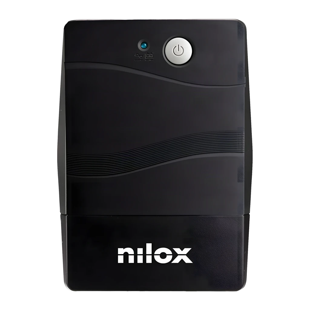 UPS Nilox NXGCLI6001X5V2 Linha Interativa 600VA 420W Preto, detalhe frontal: botão de energia, LED azul e logótipo Nilox