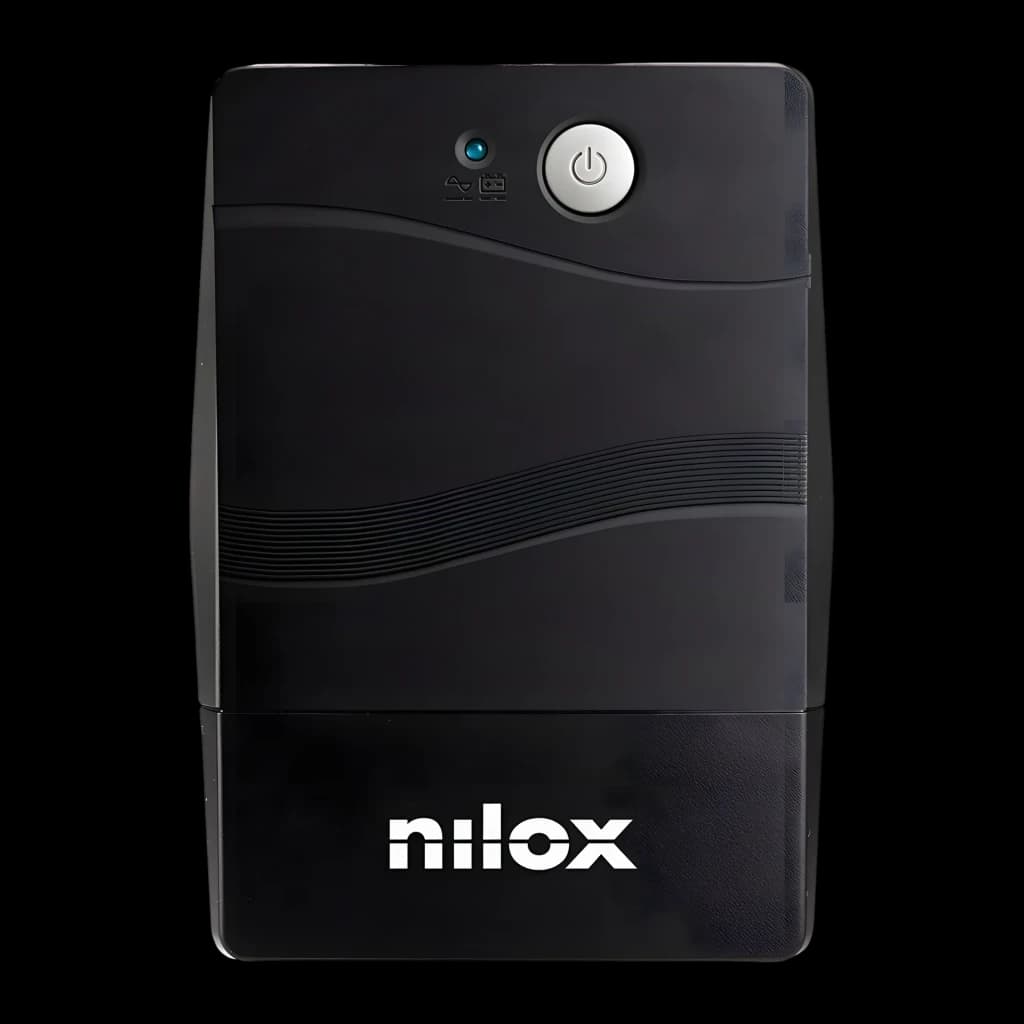 UPS Nilox NXGCLI6001X5V2 Linha Interativa 600VA 420W Preto, detalhe frontal: botão de energia, LED azul e logótipo Nilox