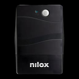 UPS Nilox NXGCLI6001X5V2 Linha Interativa 600VA 420W Preto, detalhe frontal: botão de energia, LED azul e logótipo Nilox