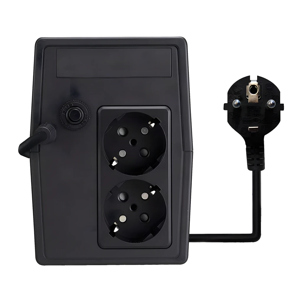 UPS Nilox NXGCLI6001X5V2 Linha Interativa 600VA 420W Preto, vista traseira: 2 tomadas Schuko, botão e cabo de alimentação