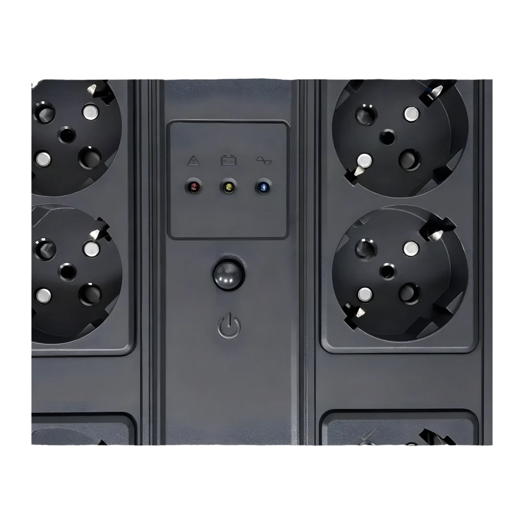 Onduleur Nilox Office Premium Line Interactive 850 VA Noir, détail: 4 prises Schuko, panneau avec 3 LEDs d'état et bouton