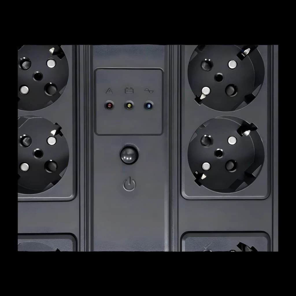 Onduleur Nilox Office Premium Line Interactive 850 VA Noir, détail: 4 prises Schuko, panneau avec 3 LEDs d'état et bouton