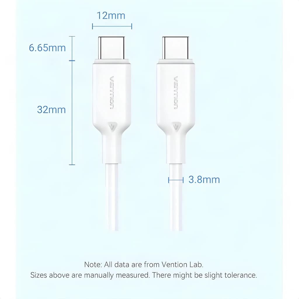 Cable usb Vention TRCWF USB-C a USB-C 2.0 1m 60W Blanco, dimensiones: conectores USB-C con cotas 12mm ancho, 6.65mm alto