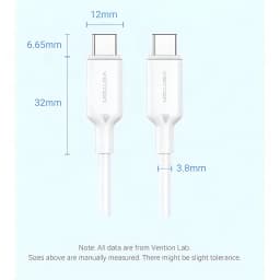 Cable usb Vention TRCWF USB-C a USB-C 2.0 1m 60W Blanco, dimensiones: conectores USB-C con cotas 12mm ancho, 6.65mm alto