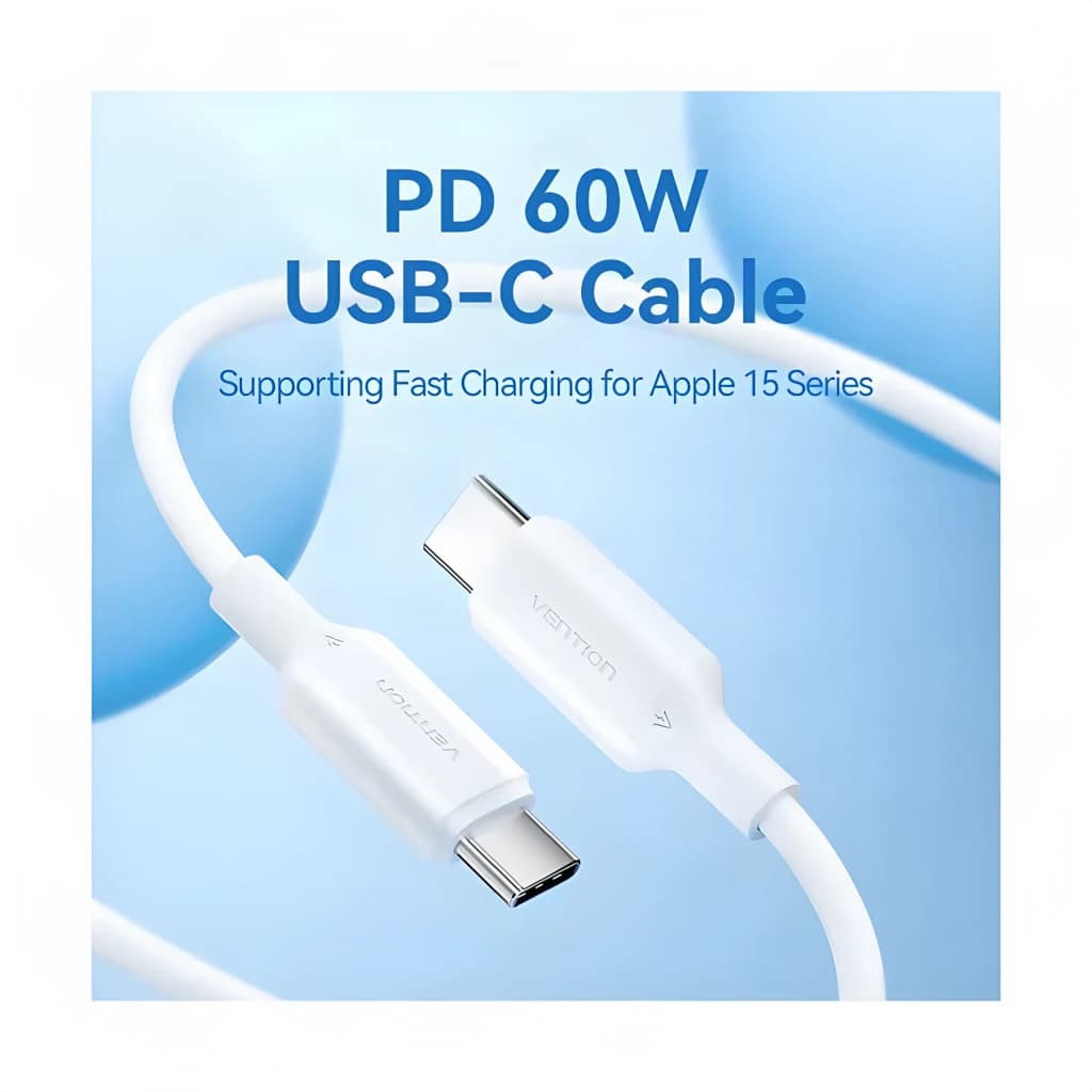 Cable usb Vention TRCWF USB-C a USB-C 2.0 1m 60W Blanco, detalle: dos conectores USB-C visibles con texto PD 60W