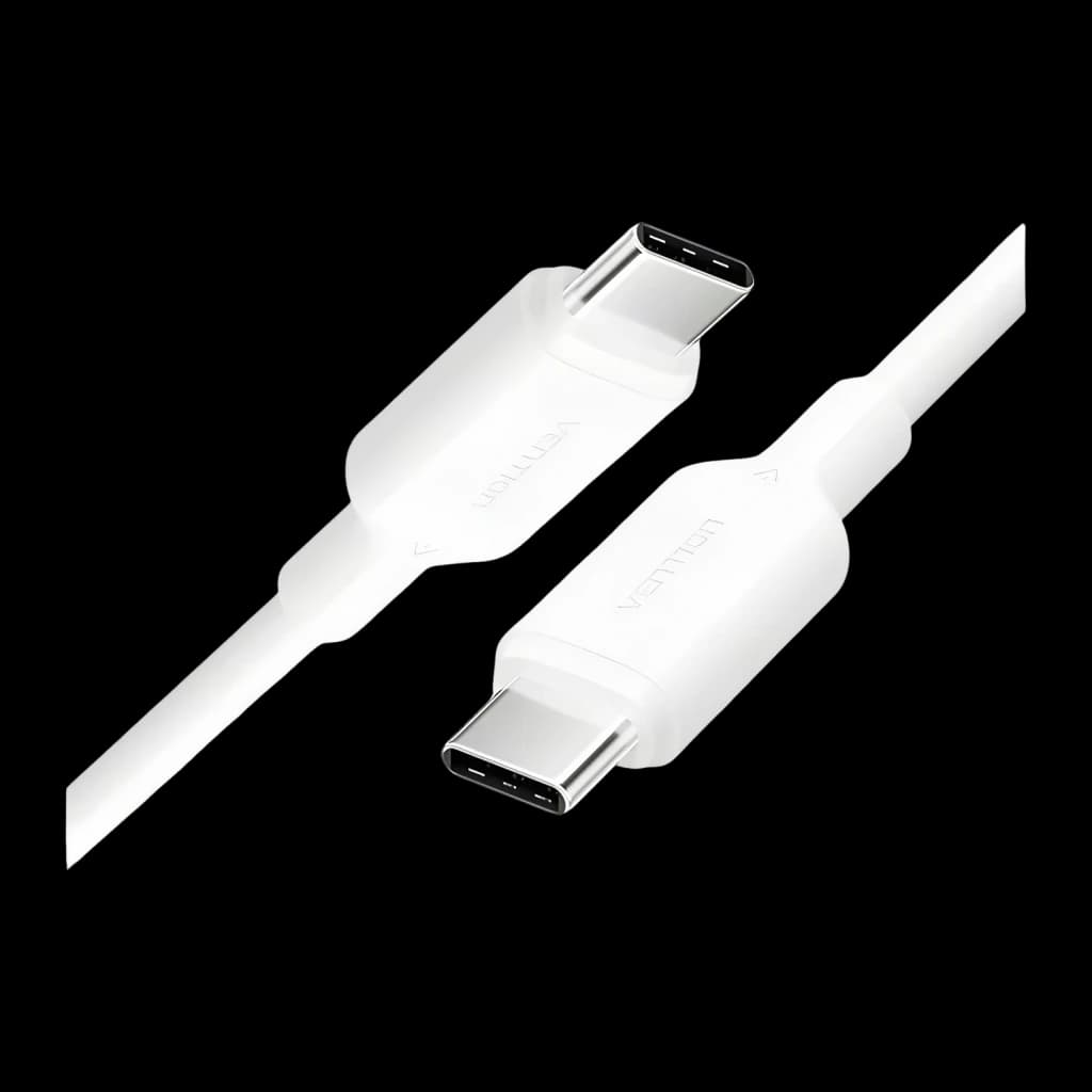 Cable usb Vention TRCWF USB-C a USB-C 2.0 1m 60W Blanco, detalle: ambos conectores USB-C metálicos con logo Vention