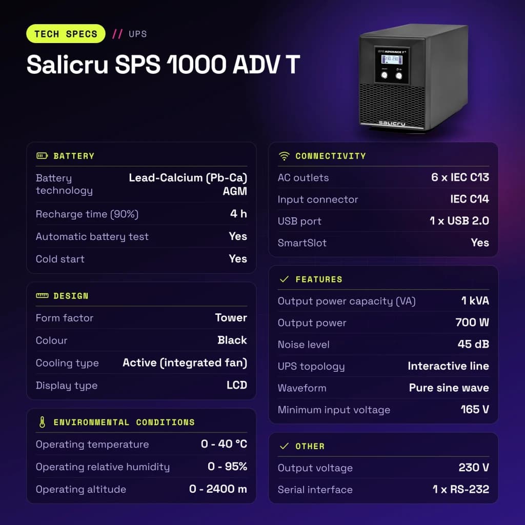 UPS Salicru SPS 1000 ADV T Linha Interativa 1000VA 700W Preto - características