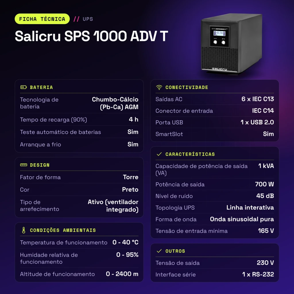UPS Salicru SPS 1000 ADV T Linha Interativa 1000VA 700W Preto - características