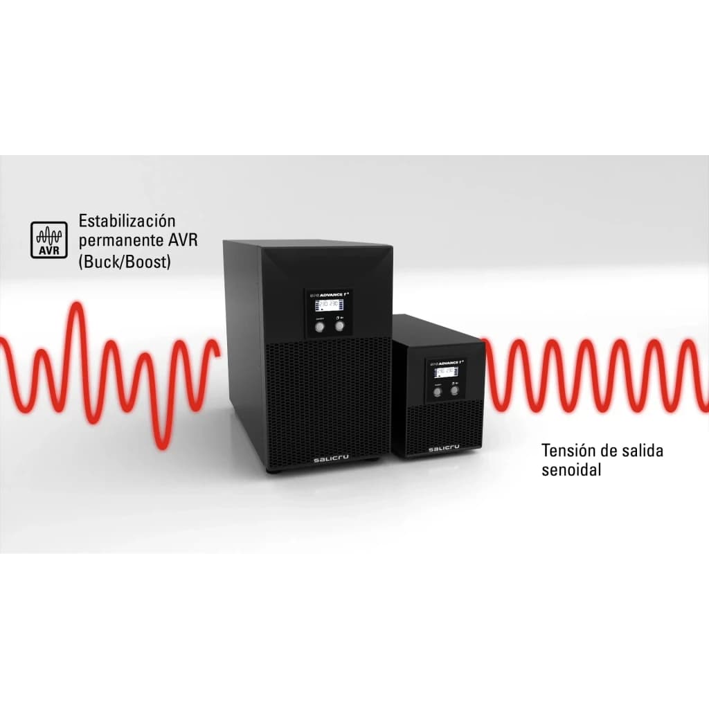 UPS Salicru SPS 1000 ADV T Linha Interativa 1000VA 700W Preto, infográfico: duas unidades com onda senoidal e estabilização