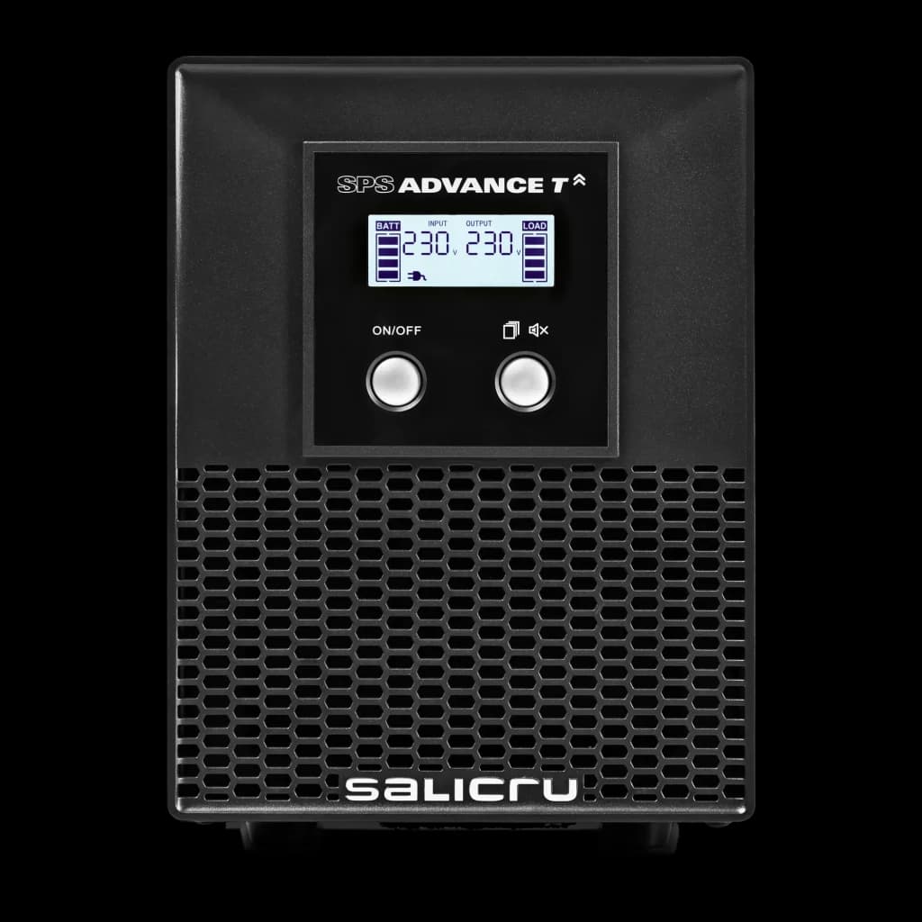 UPS Salicru SPS 1000 ADV T Linha Interativa 1000VA 700W Preto, detalhe: ecrã LCD com tensões 230V, botões ON/OFF e grelha