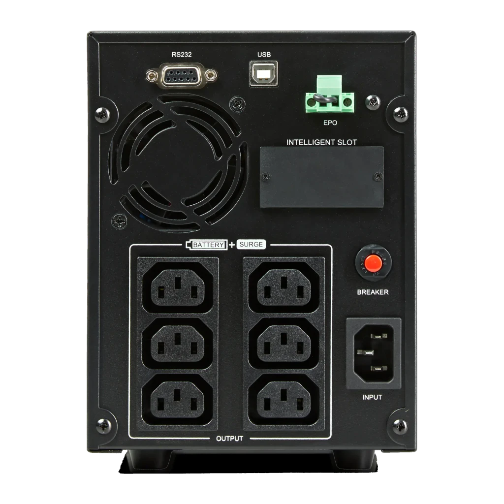 UPS Salicru SPS 1000 ADV T Linha Interativa 1000VA 700W Preto, vista traseira: portas RS232, USB, EPO, 6 saídas IEC, entrada