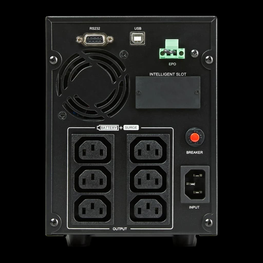 UPS Salicru SPS 1000 ADV T Linha Interativa 1000VA 700W Preto, vista traseira: portas RS232, USB, EPO, 6 saídas IEC, entrada