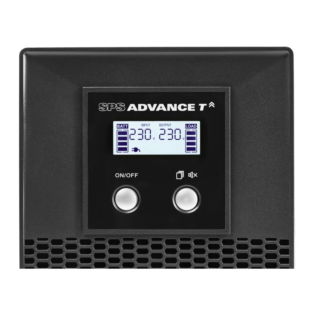 UPS Salicru SPS 1000 ADV T Linha Interativa 1000VA 700W Preto, detalhe: painel frontal com ecrã LCD 230V e botões ON/OFF