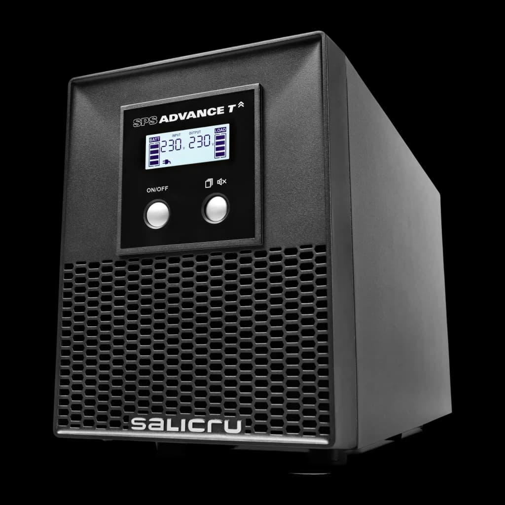 UPS Salicru SPS 1000 ADV T Linha Interativa 1000VA 700W Preto, detalhe: ecrã LCD com valores 230V entrada/saída e botões