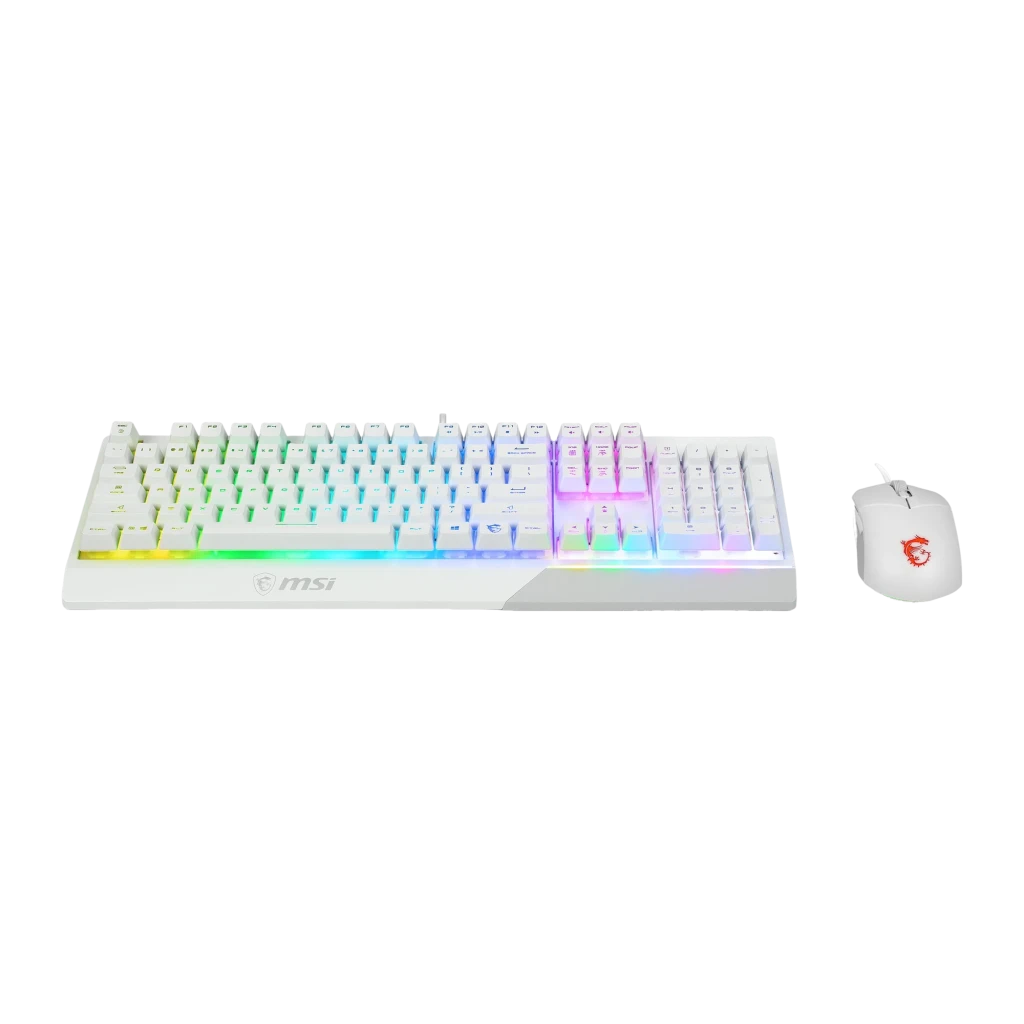 MSI Vigor GK30 Combo White Plunger Switch 5000 DPI RGB Español, vista frontal: teclado y ratón blancos con iluminación RGB