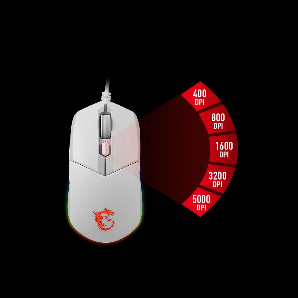 MSI Vigor GK30 Combo White Plunger Switch 5000 DPI RGB Español, vista superior: ratón blanco con RGB lateral y gráfico