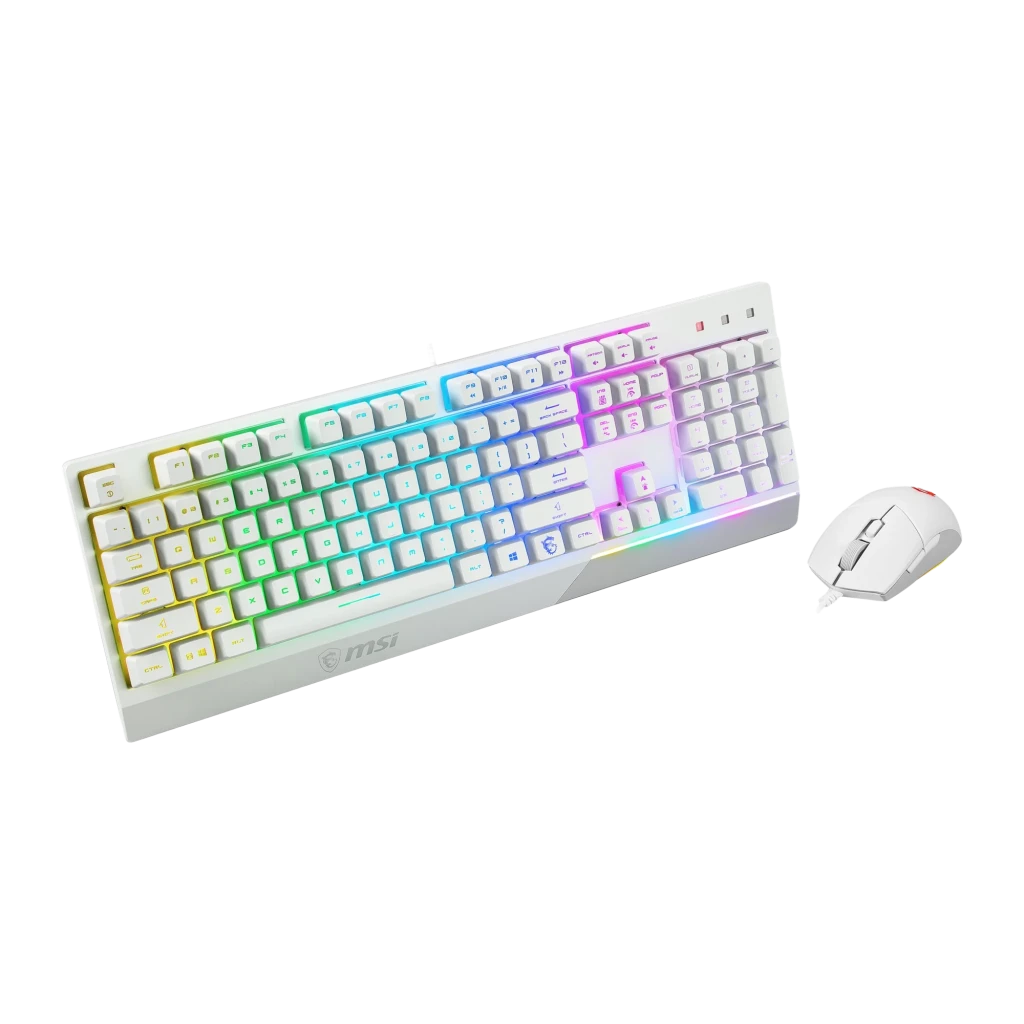 MSI Vigor GK30 Combo White Plunger Switch 5000 DPI RGB Español, detalle: retroiluminación RGB multicolor en teclado y ratón