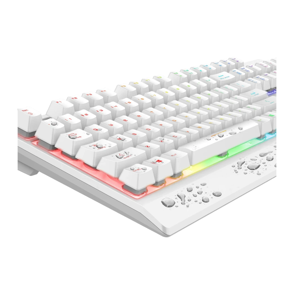 MSI Vigor GK30 Combo White Plunger Switch 5000 DPI RGB Español, detalle: retroiluminación RGB multicolor bajo teclas blancas