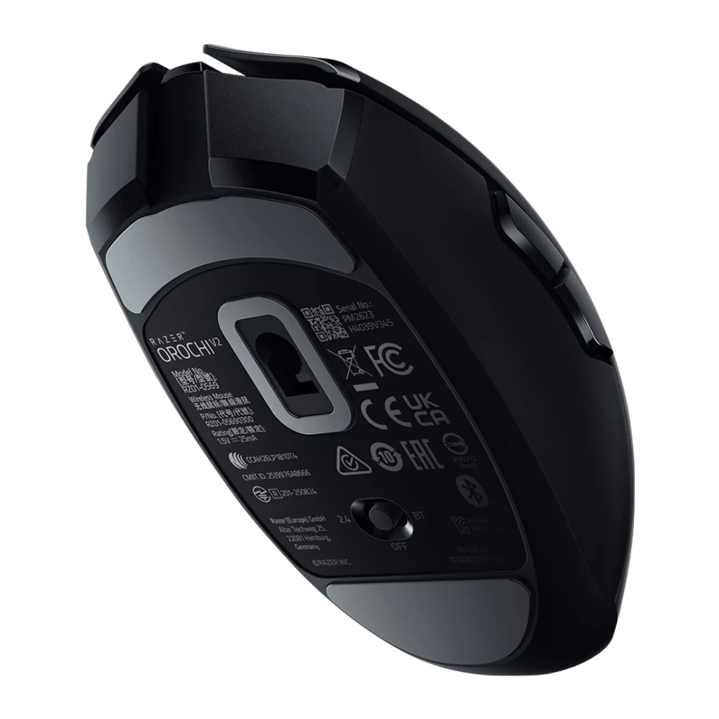 Ratón Gaming Razer Orochi V2 2026 Inalámbrico 18000 DPI Negro, vista trasera: sensor óptico, selector 2.4G/BT y etiqueta