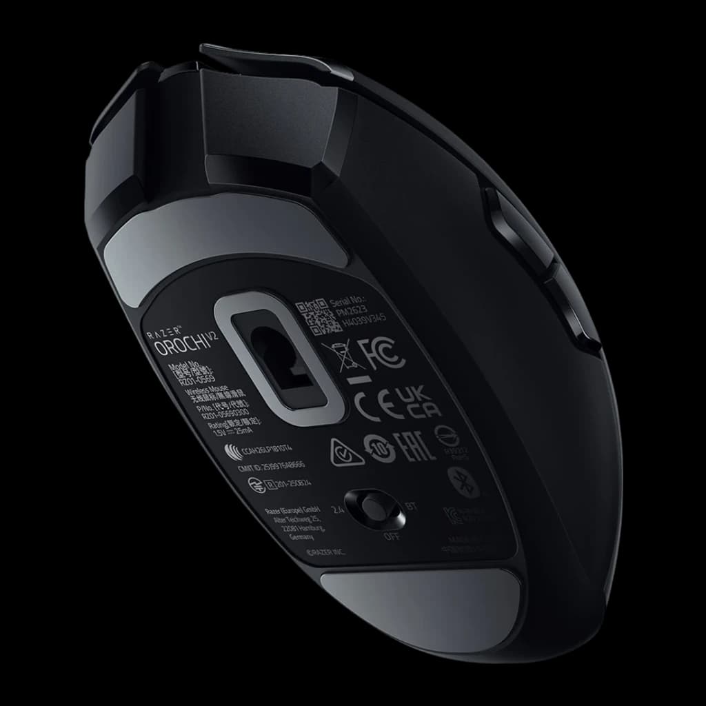 Ratón Gaming Razer Orochi V2 2026 Inalámbrico 18000 DPI Negro, vista trasera: sensor óptico, selector 2.4G/BT y etiqueta