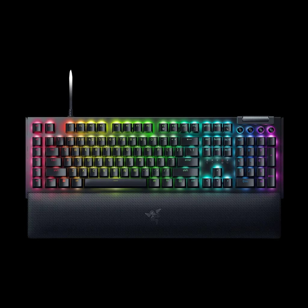 Teclado Gaming Razer BlackWidow V4 QWERTY US Mecánico Razer Amarillo RGB Negro, vista frontal: iluminación RGB multicolor