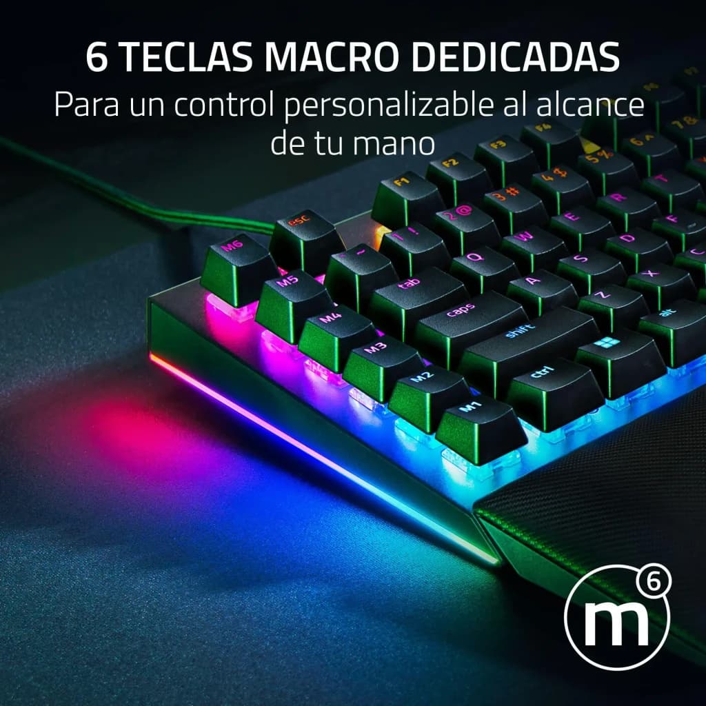 Teclado Gaming Razer BlackWidow V4 QWERTY US Mecánico Razer Amarillo RGB Negro, detalle lateral: 6 teclas macro M1-M6