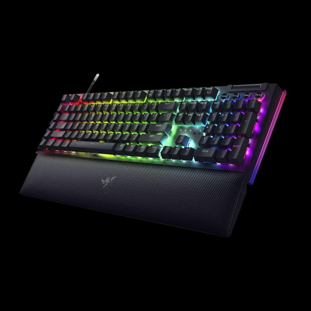 Teclado Gaming Razer BlackWidow V4 QWERTY US Mecánico Razer Amarillo RGB Negro, detalle: vista en perspectiva
