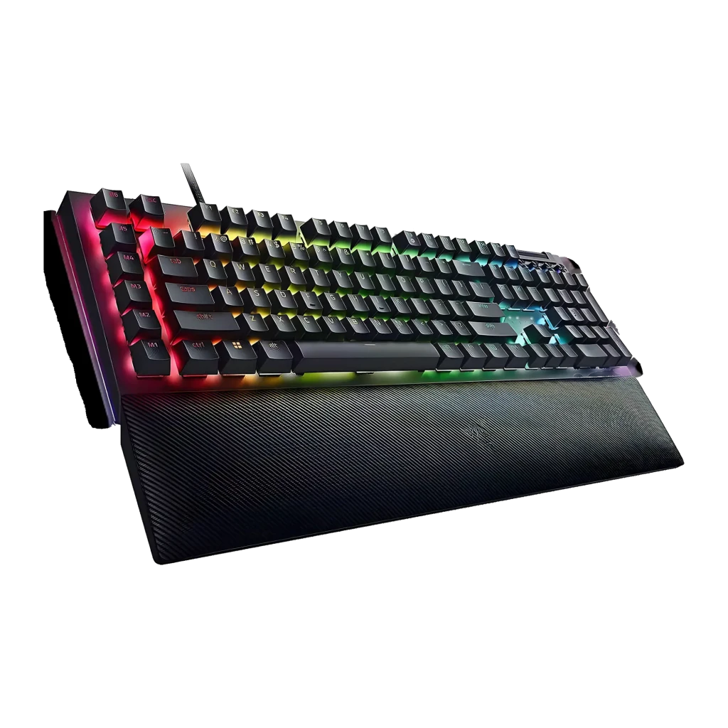 Teclado Gaming Razer BlackWidow V4 QWERTY US Mecánico Razer Amarillo RGB Negro, detalle: vista en ángulo con iluminación RGB