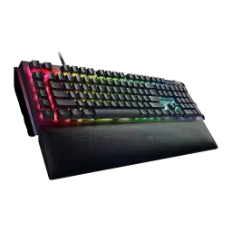 Teclado Gaming Razer BlackWidow V4 QWERTY US Mecánico Razer Amarillo RGB Negro, detalle: vista en ángulo con iluminación RGB