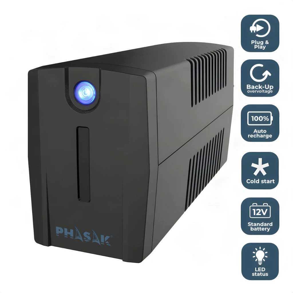 UPS Phasak Ottima PH 7288 Linha Interativa 860VA 480W Preto, vista lateral: botão LED azul, grelhas e ícones de funções