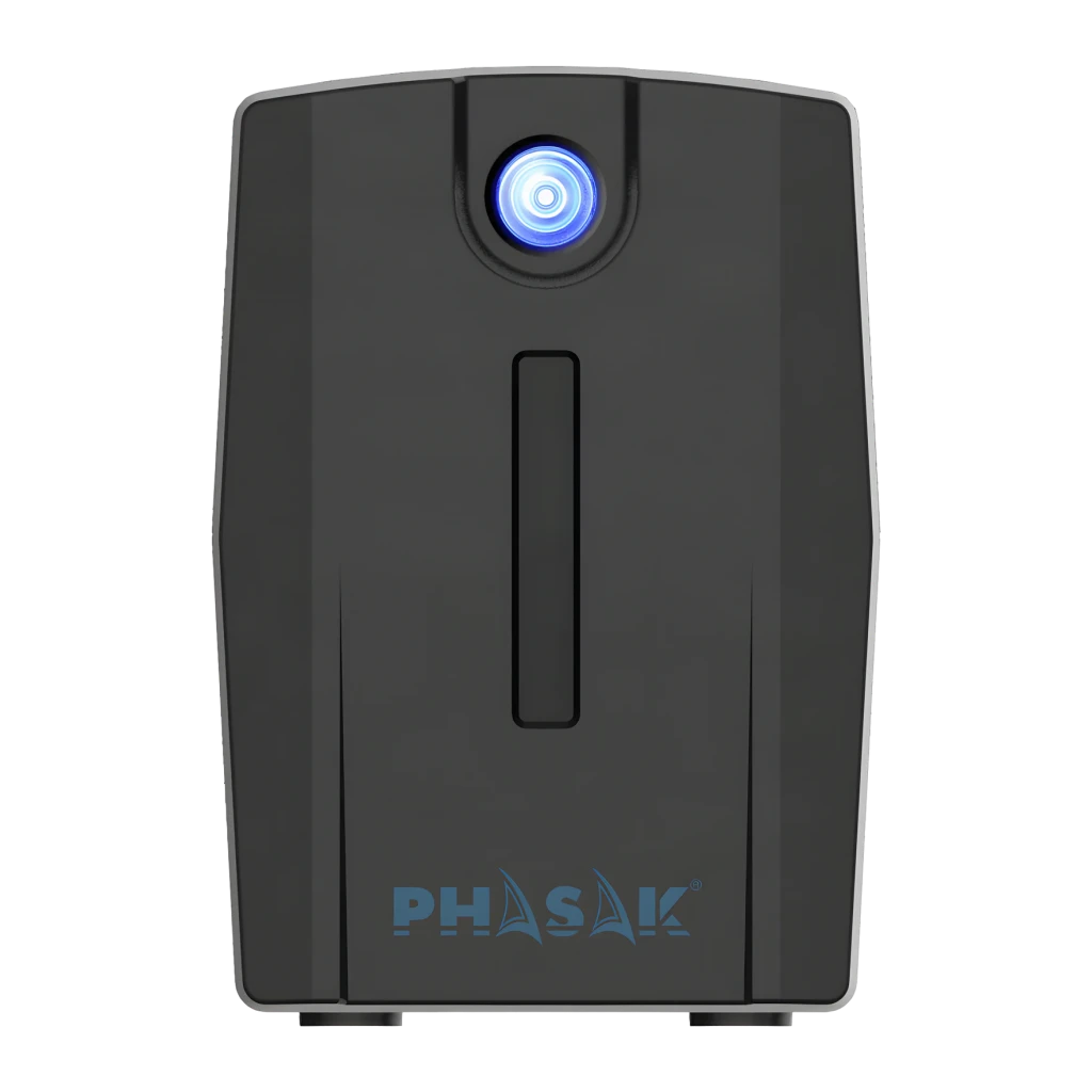 UPS Phasak Ottima PH 7288 Linha Interativa 860VA 480W Preto, detalhe: painel frontal com LED azul aceso e logótipo Phasak