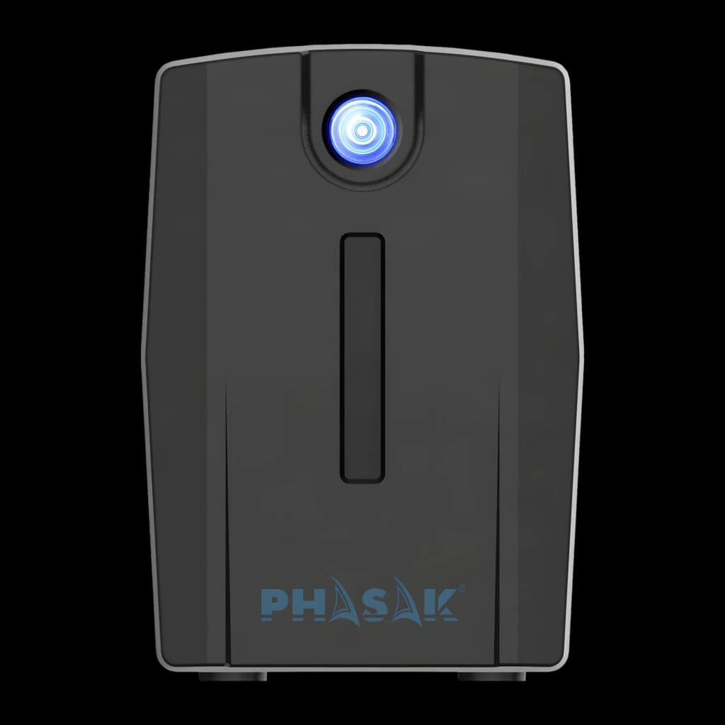 UPS Phasak Ottima PH 7288 Linha Interativa 860VA 480W Preto, detalhe: painel frontal com LED azul aceso e logótipo Phasak