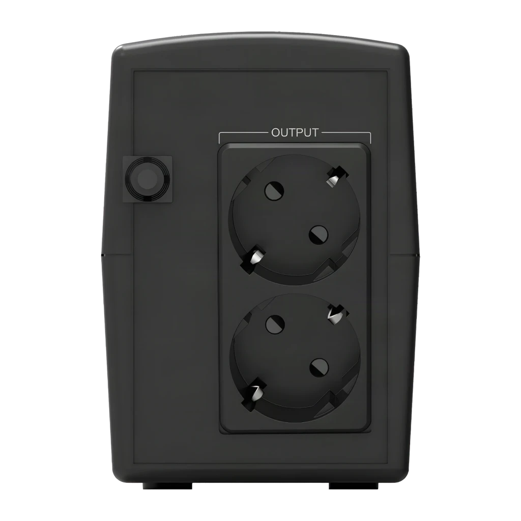 UPS Phasak Ottima PH 7288 Linha Interativa 860VA 480W Preto, vista traseira: duas tomadas Schuko OUTPUT e botão lateral