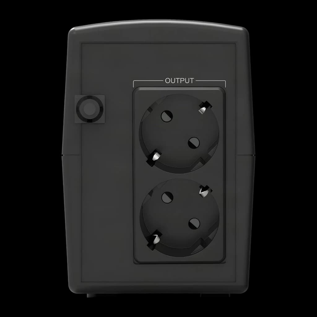 UPS Phasak Ottima PH 7288 Linha Interativa 860VA 480W Preto, vista traseira: duas tomadas Schuko OUTPUT e botão lateral