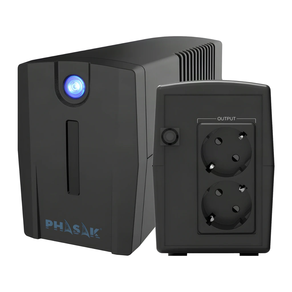 UPS Phasak Ottima PH 7288 Linha Interativa 860VA 480W Preto, detalhe: frontal com LED azul e painel traseiro com 2 tomadas