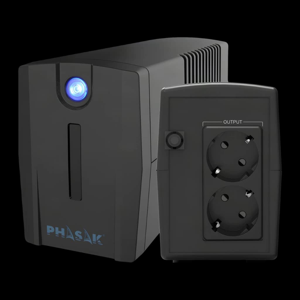 UPS Phasak Ottima PH 7288 Linha Interativa 860VA 480W Preto, detalhe: frontal com LED azul e painel traseiro com 2 tomadas