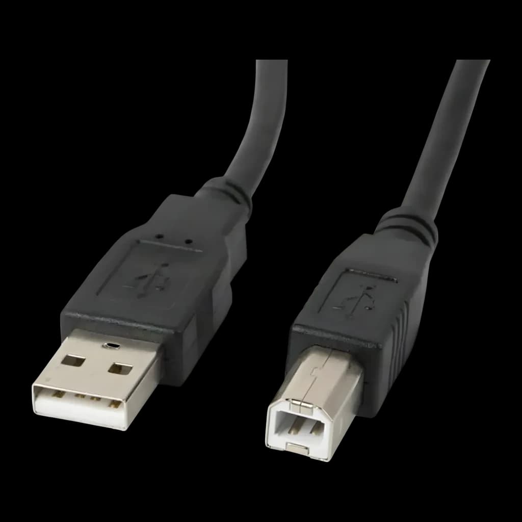 Cable usb Lanberg USB-A 2.0 a USB-B Macho/Macho 5 m Negro, vista frontal: conectores USB-A y USB-B con contactos dorados