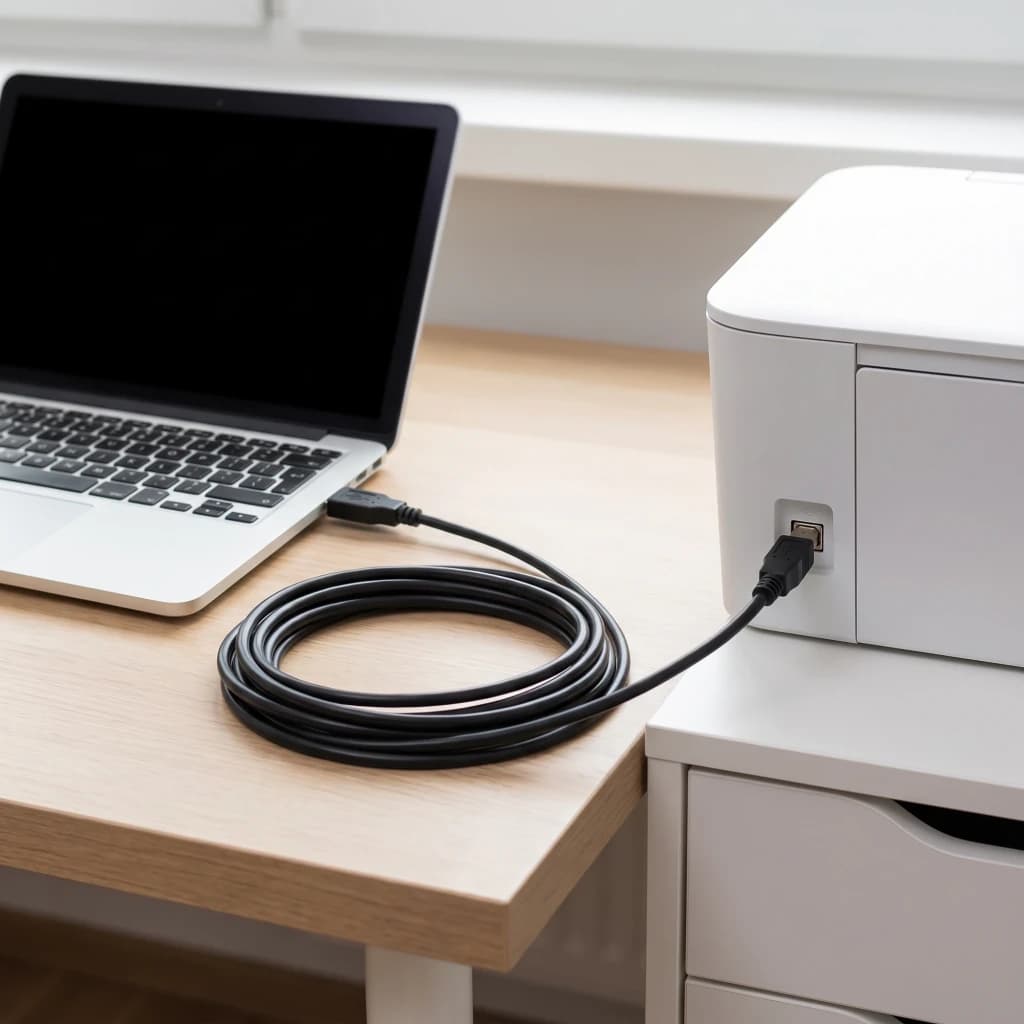 Cable usb Lanberg USB-A 2.0 a USB-B Macho/Macho 5 m Negro, en uso: conectado entre portátil y impresora sobre escritorio