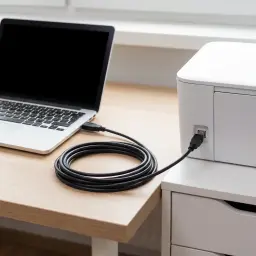 Cable usb Lanberg USB-A 2.0 a USB-B Macho/Macho 5 m Negro, en uso: conectado entre portátil y impresora sobre escritorio