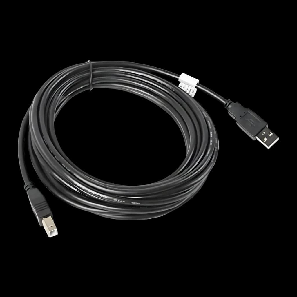 Cable usb Lanberg USB-A 2.0 a USB-B Macho/Macho 5 m Negro, detalle: cable enrollado con conectores USB-A y USB-B dorados
