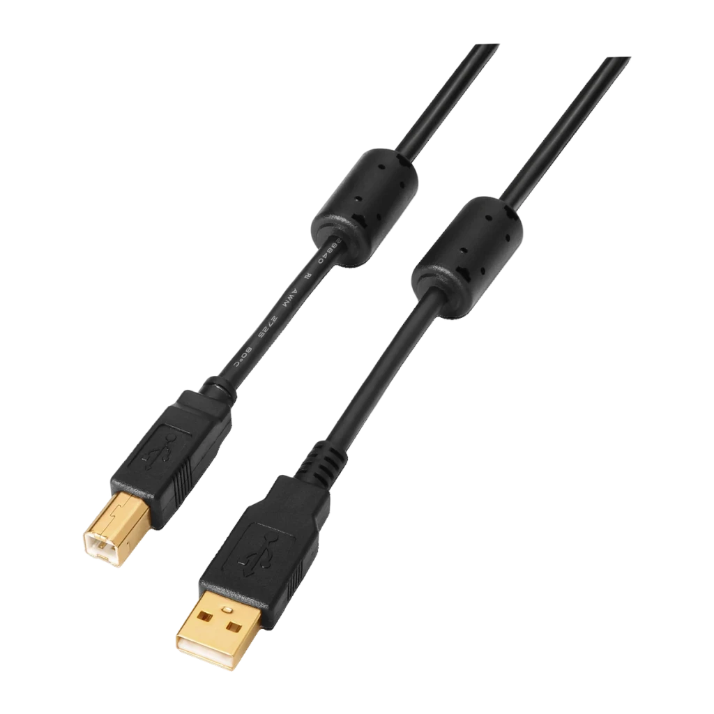 Cable AISENS A101-0010 USB-A a USB-B 2.0 3m Negro, vista frontal: conectores dorados USB-A y USB-B con dos filtros de ferrita