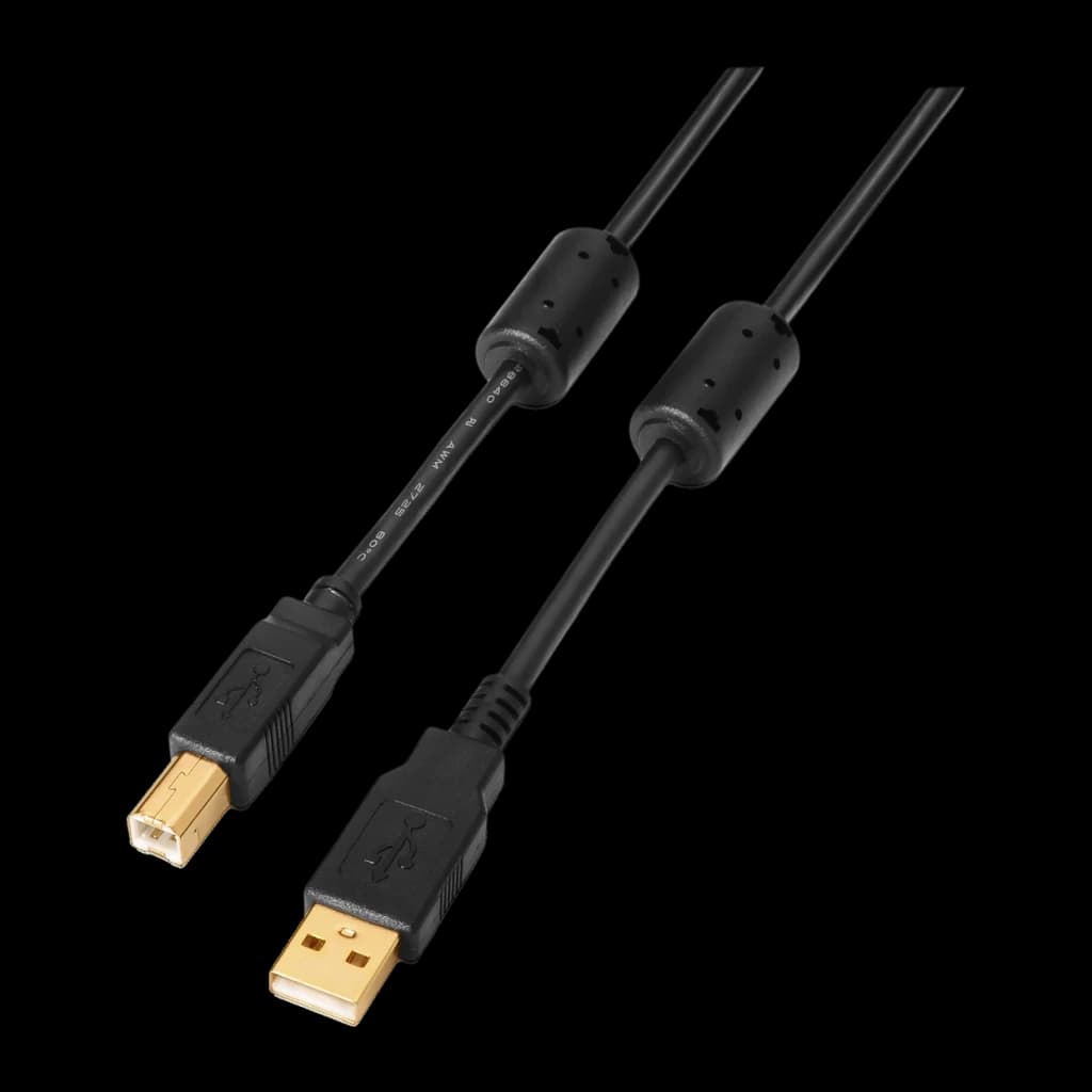Cable AISENS A101-0010 USB-A a USB-B 2.0 3m Negro, vista frontal: conectores dorados USB-A y USB-B con dos filtros de ferrita