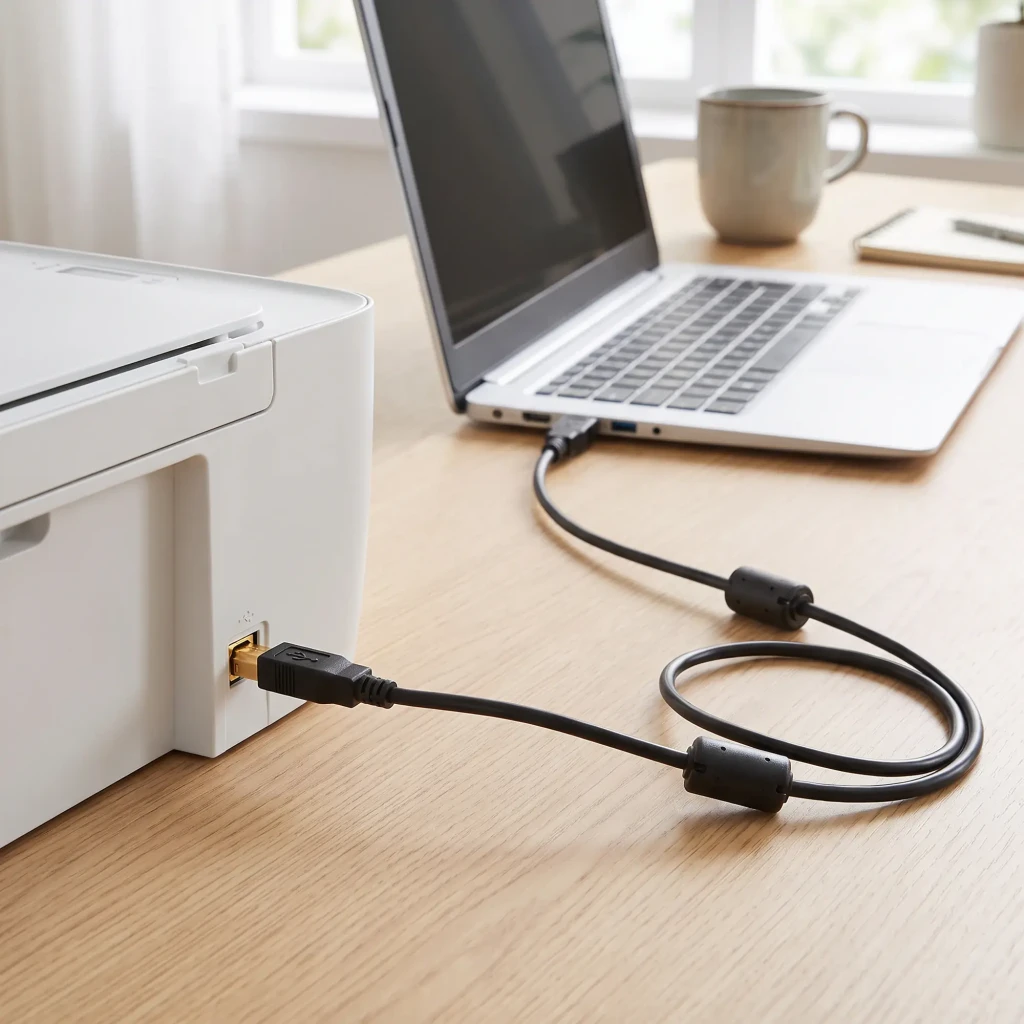Cable AISENS A101-0010 USB-A a USB-B 2.0 3m Negro, en uso: conectado entre impresora y portátil sobre escritorio de madera